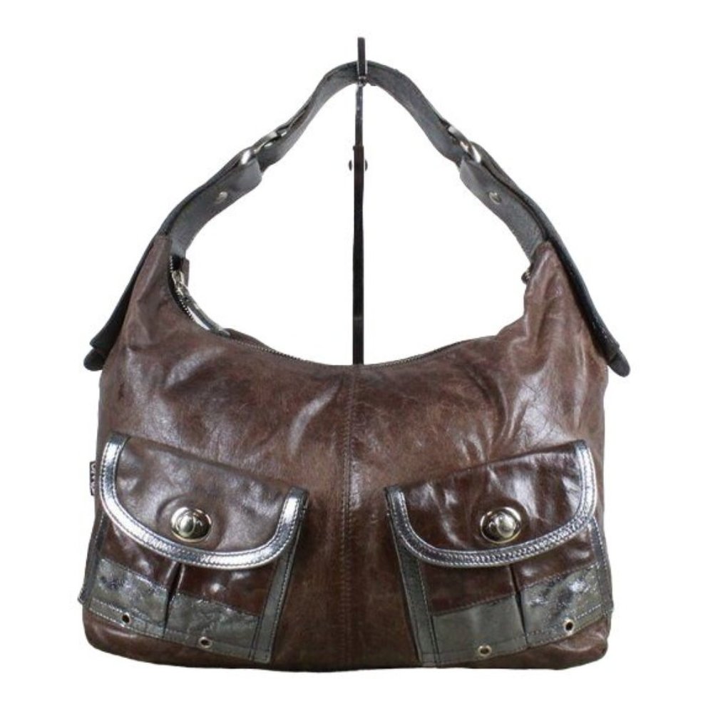 Tano Brown Distressed Leather Purple Lined Silver Trim Hobo Purse Shoulder Bag - Picture 1 of 10